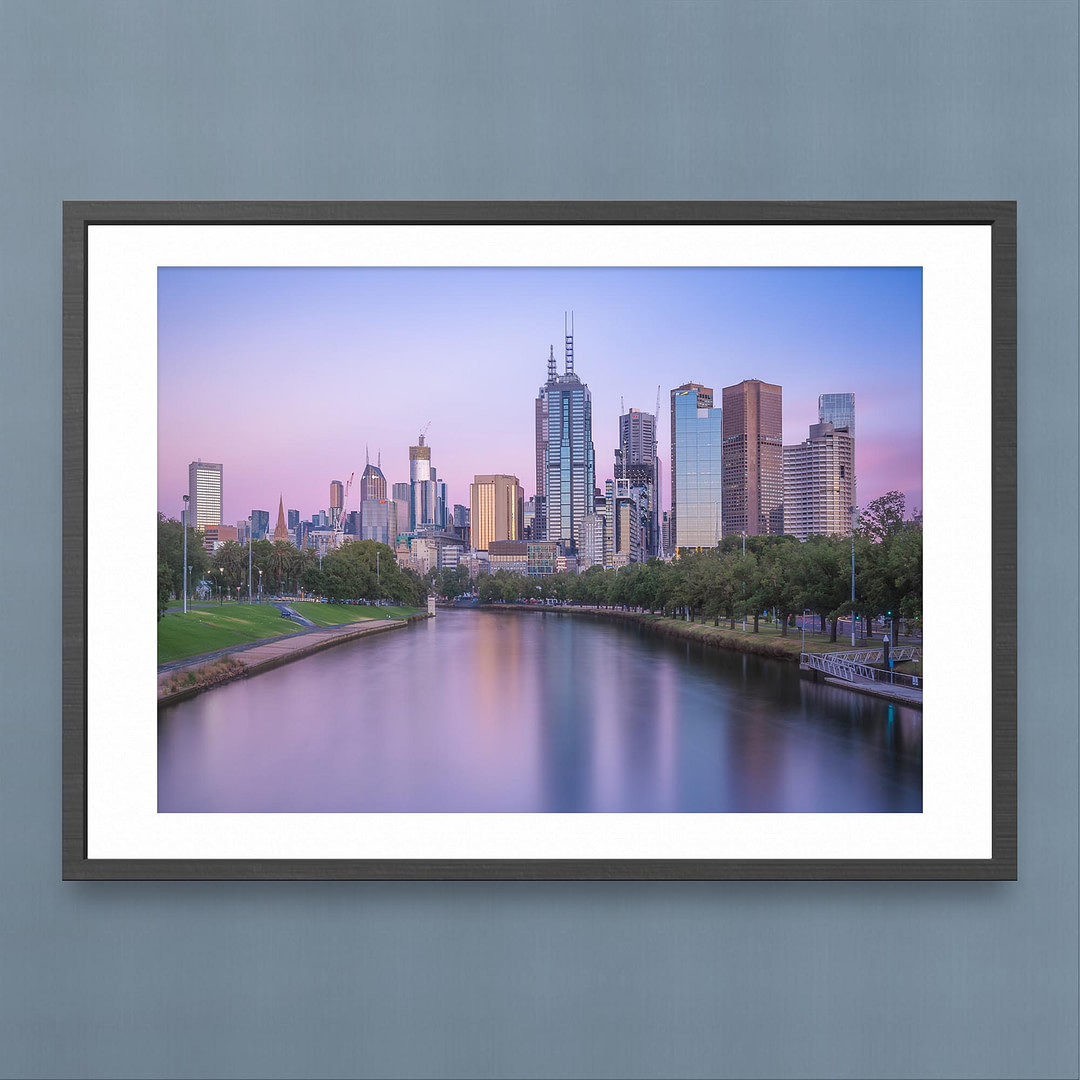 Melbourne Sunrise Photography Print - Yarra River Cityscape View - Black Frame Mockup