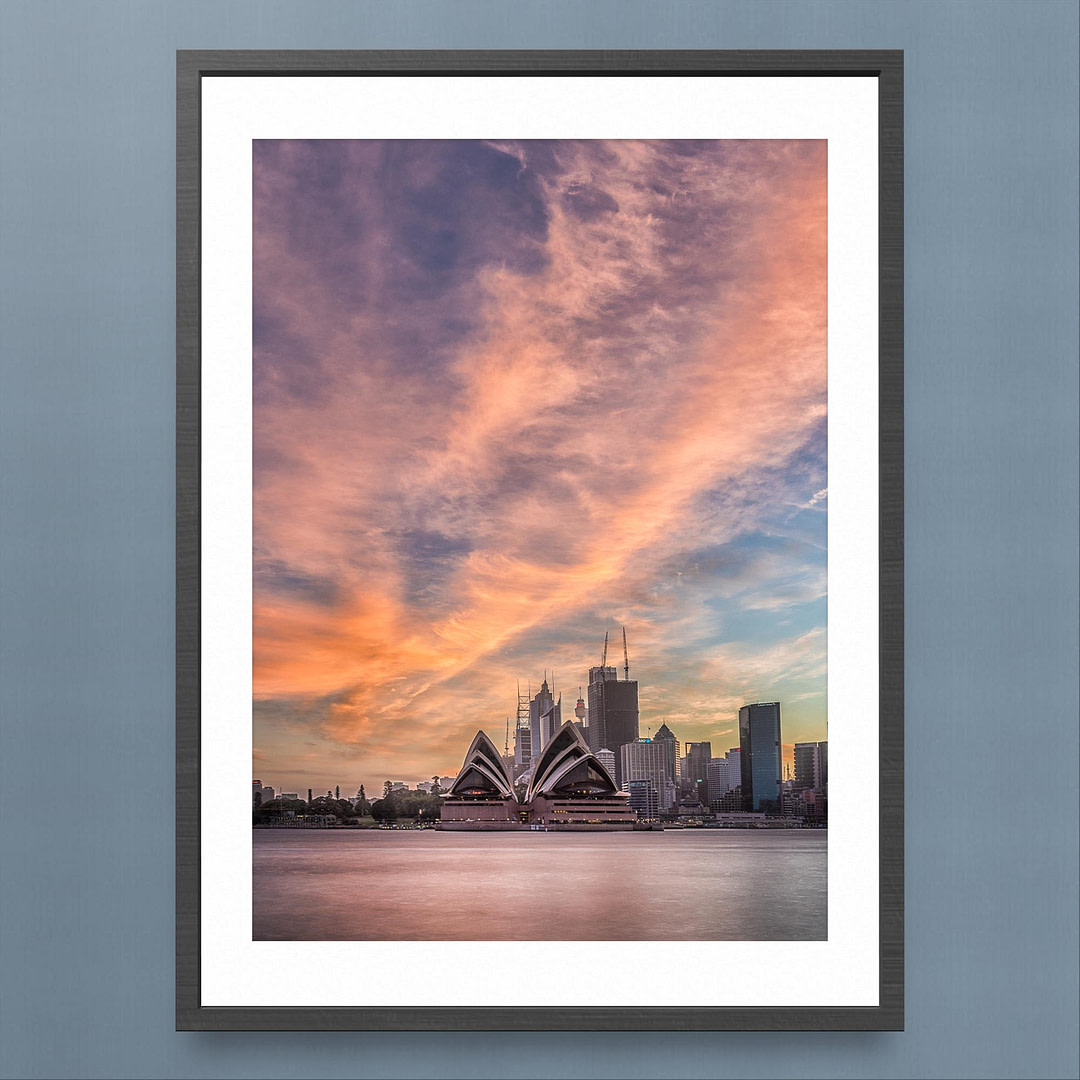 Vibrant Sydney Sunset Photography Print - Opera House Amidst Fiery Sky - Black Frame Mockup