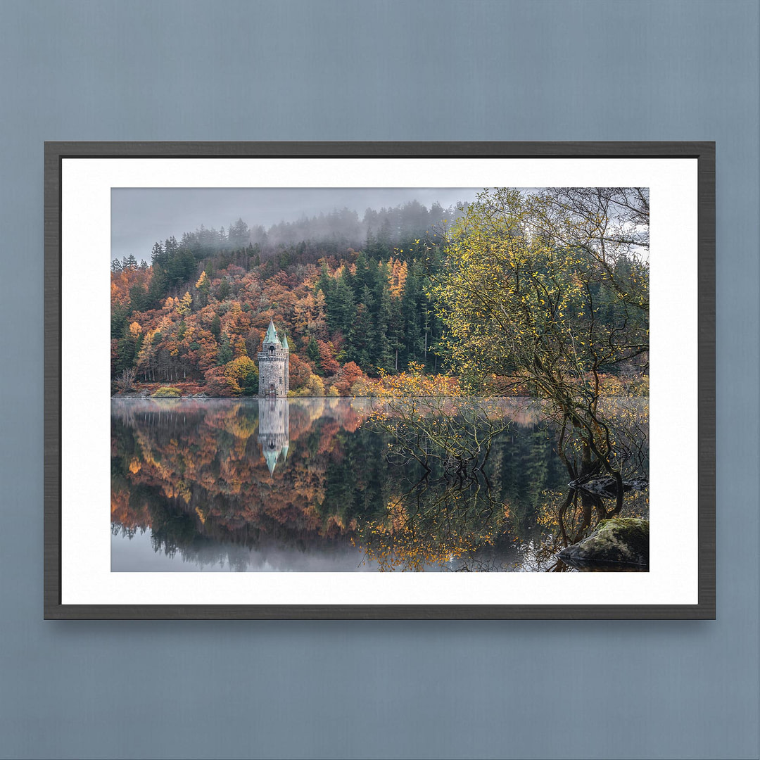 Autumn Tranquility at Lake Vyrnwy - Reflections Photography Print - Black Frame Mockup