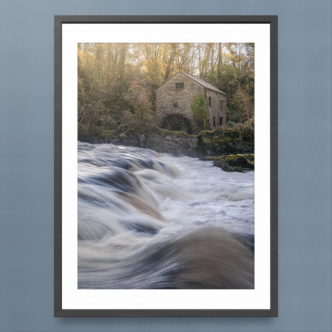 Cenarth Falls Autumn Photography Print - Tranquil Waters and Vibrant Colours - Black Frame Mockup