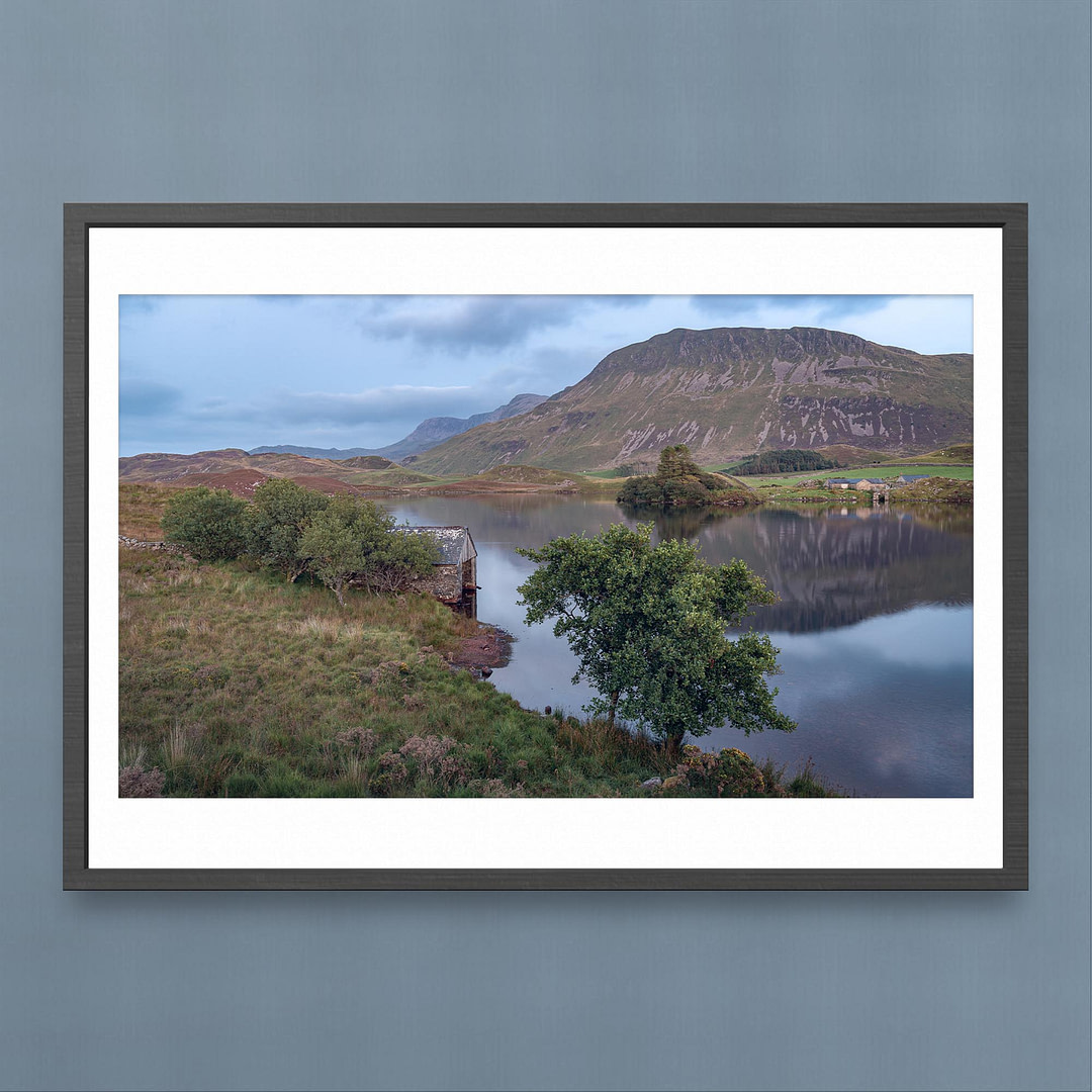 Cregennan Lakes Blue Hour - Boathouse Reflection - Landscape Print - Black Frame Mockup