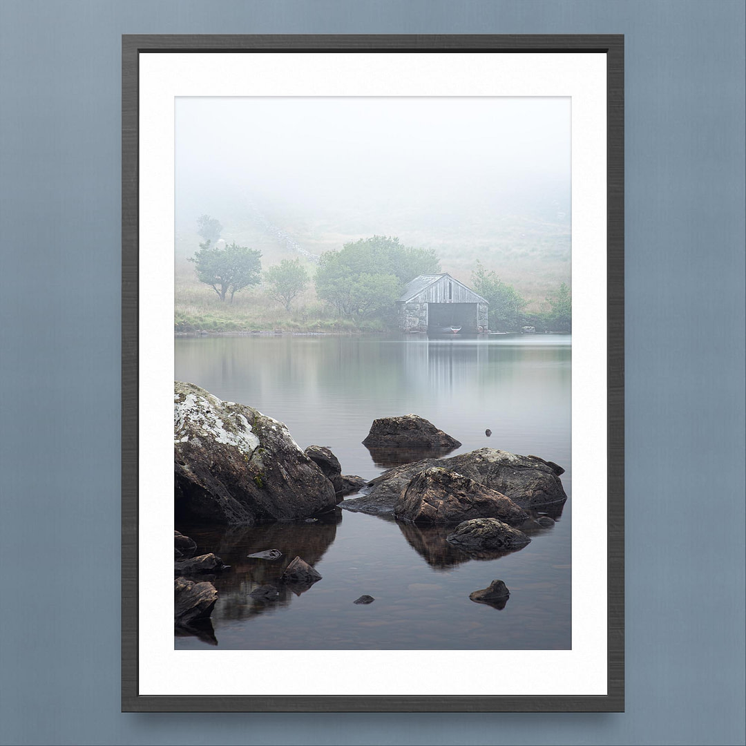 Cregennan Lakes Boathouse Photography Print - Misty Shoreline Scene - Black Frame Mockup