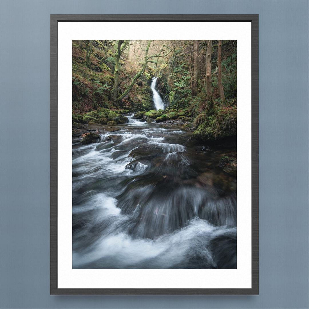 Dolgoch Falls Photography Print - Serene Woodland Waterfall Scene - Black Frame Mockup