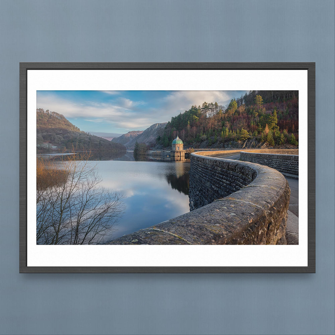 Elan Valley Sunrise Photography Print - Garreg Ddu Dam and Serene Lake