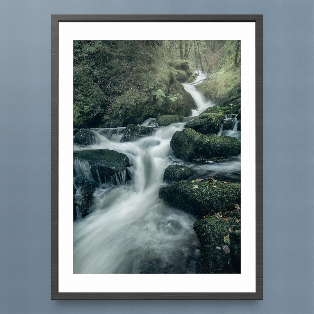 Hafod Estate Waterfall Photography Print - Serene Woodland Scene - Black Frame Mockup