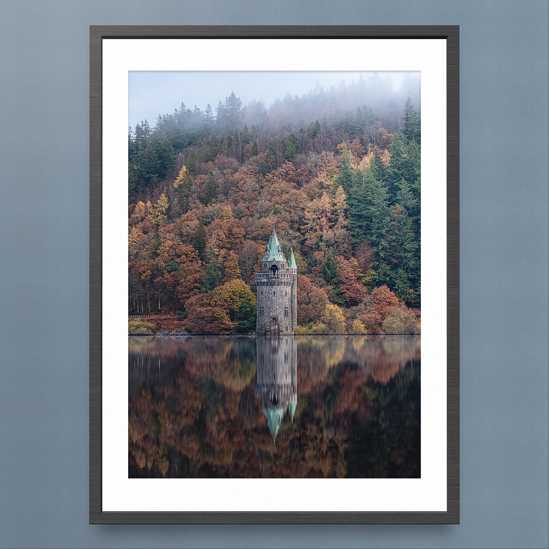 Lake Vyrnwy Reflection Photography Print - Autumn Colours - Black Frame Mockup