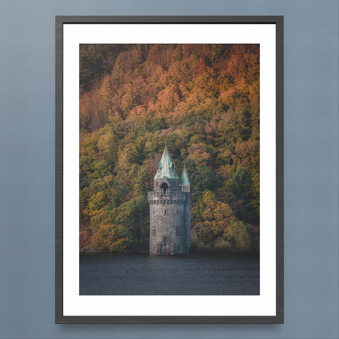 Lake Vyrnwy Straining Tower Photography Print - Autumn Serenity - Black Frame Mockup