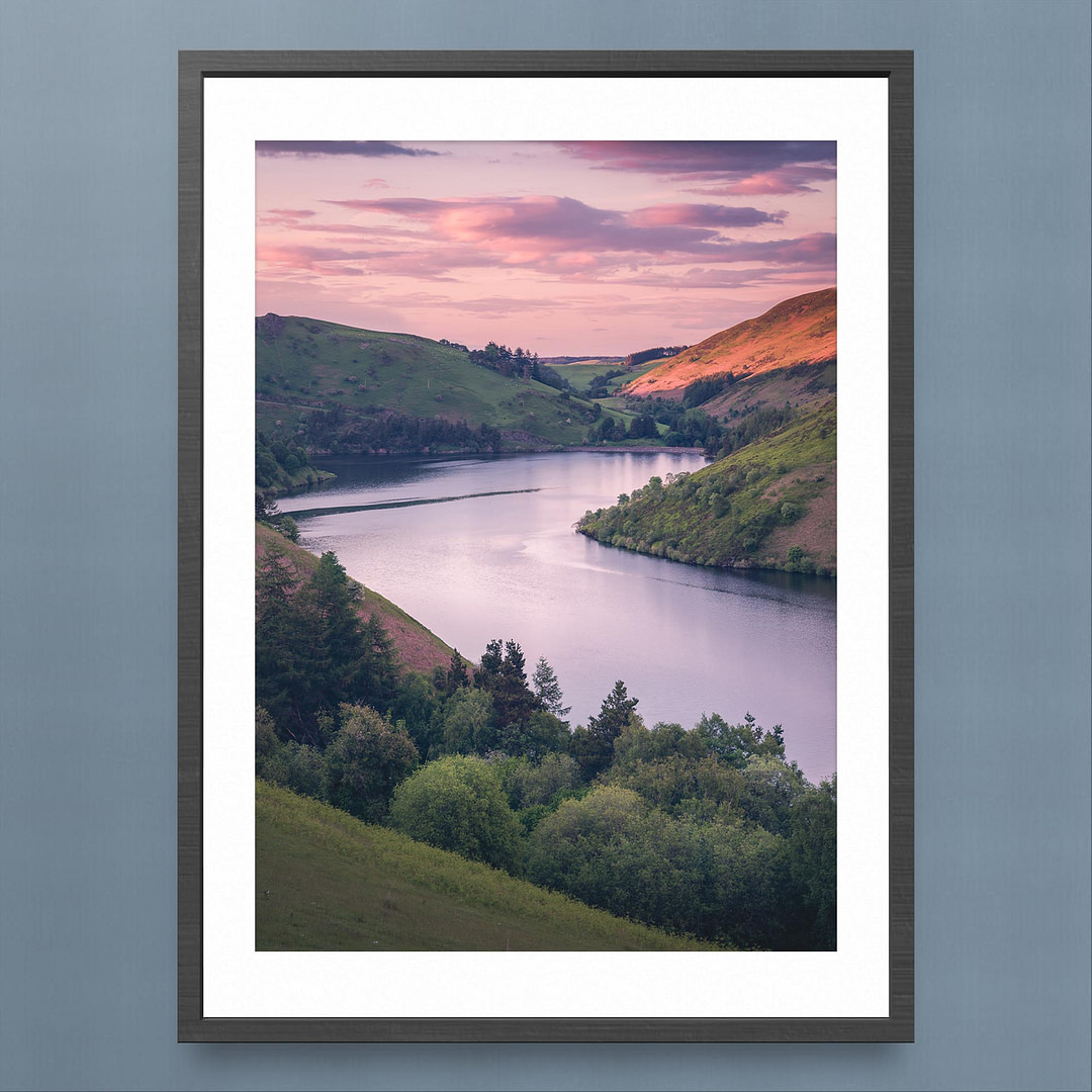 Llyn Clywedog Sunset Photography Print - Tranquil Waterscape - Black Frame Mockup