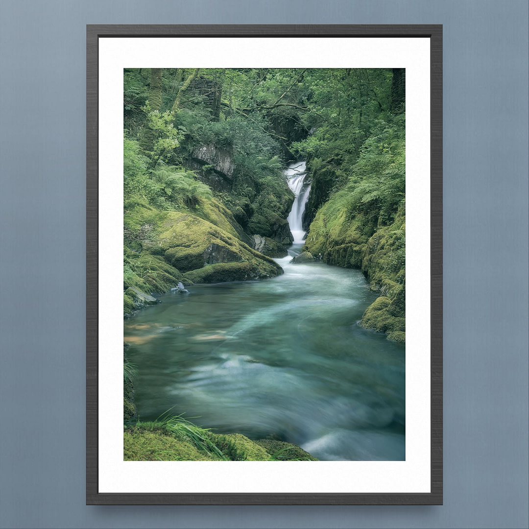 Nant Gwernol Waterfall Photography Print - Serene Woodland Scene - Black Frame Mockup