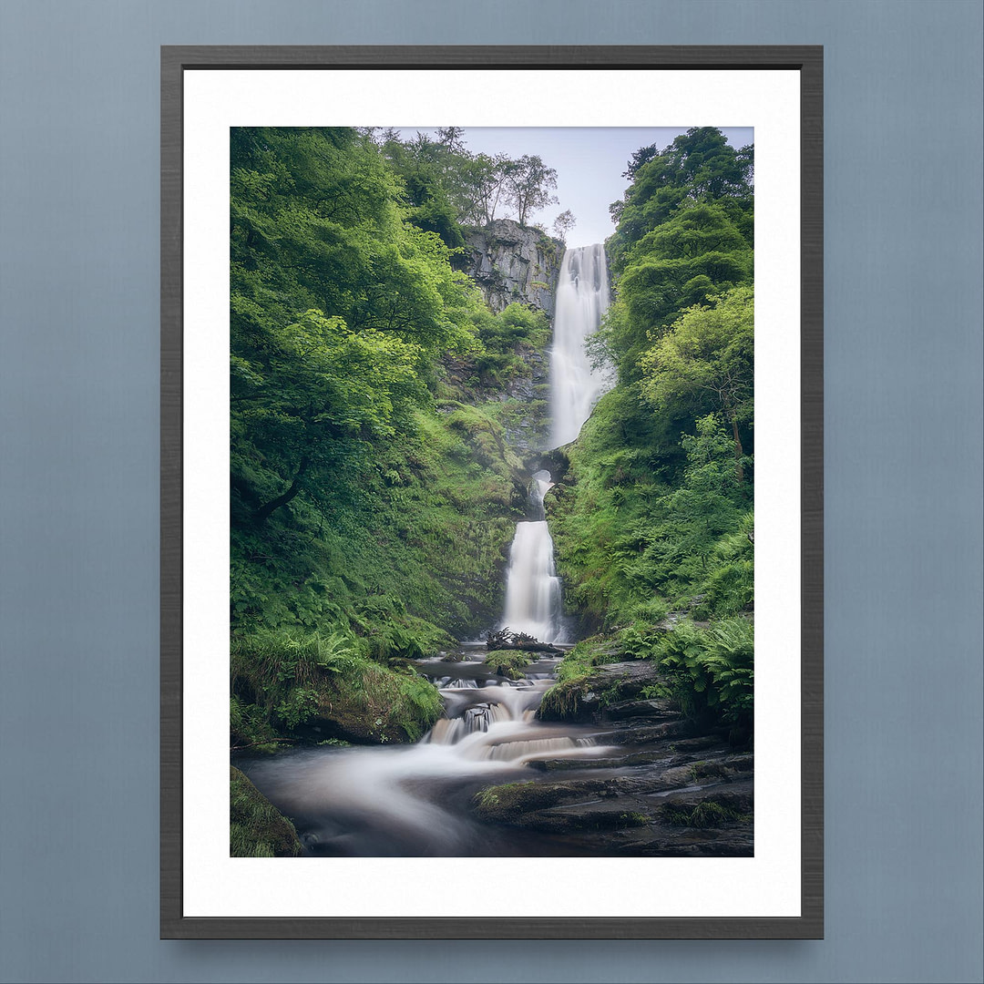 Pystyll Rhaeadr Waterfall Photography Print - Enchanting Woodland Scene - Black Frame Mockup