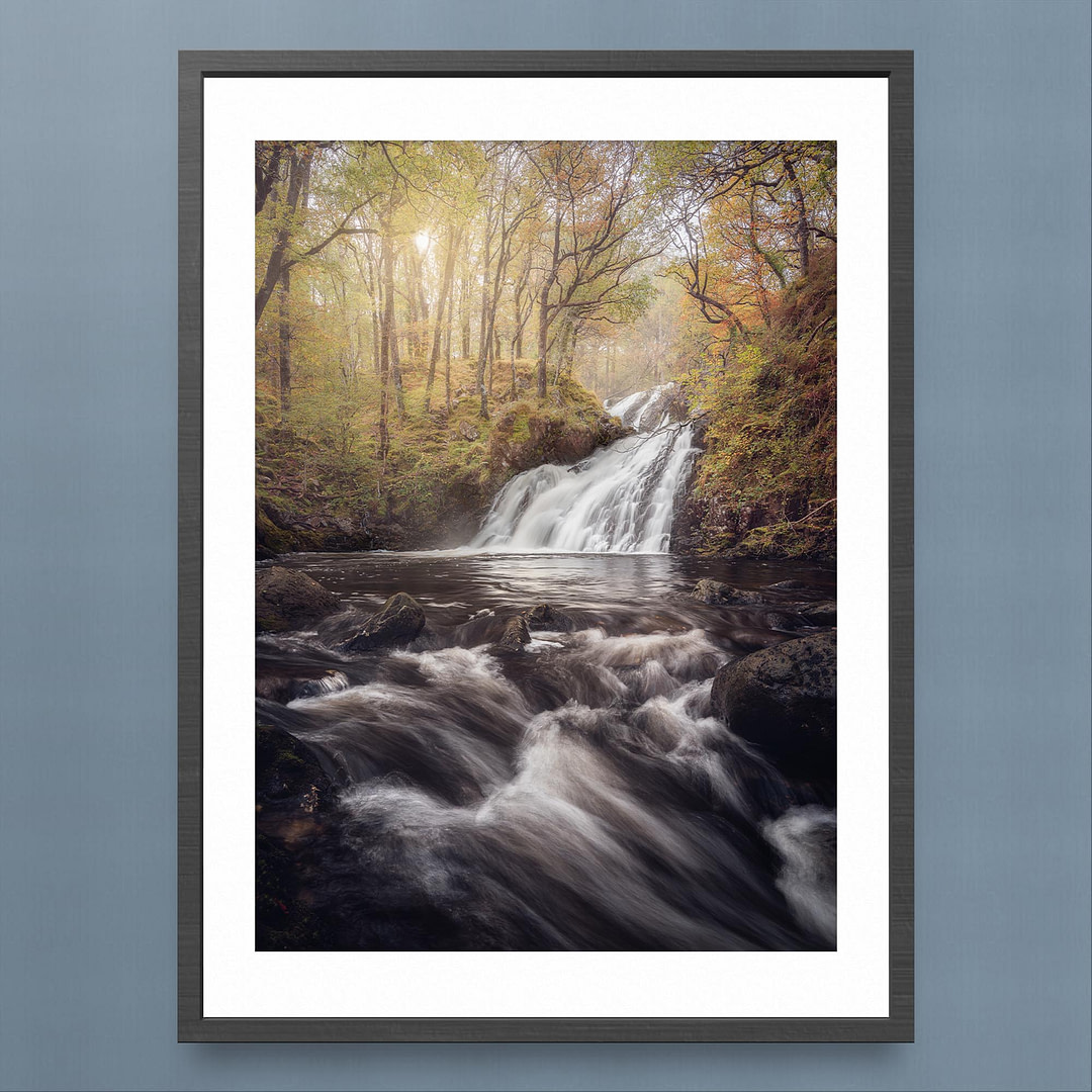 Rhaeadr Ddu Waterfall Photography Print - Autumn Serenity - Black Frame Mockup