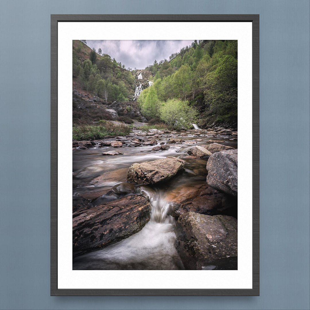 Rhiwargor Falls Photography Print - Serene Woodland Waterfall Scene - Black Frame Mockup