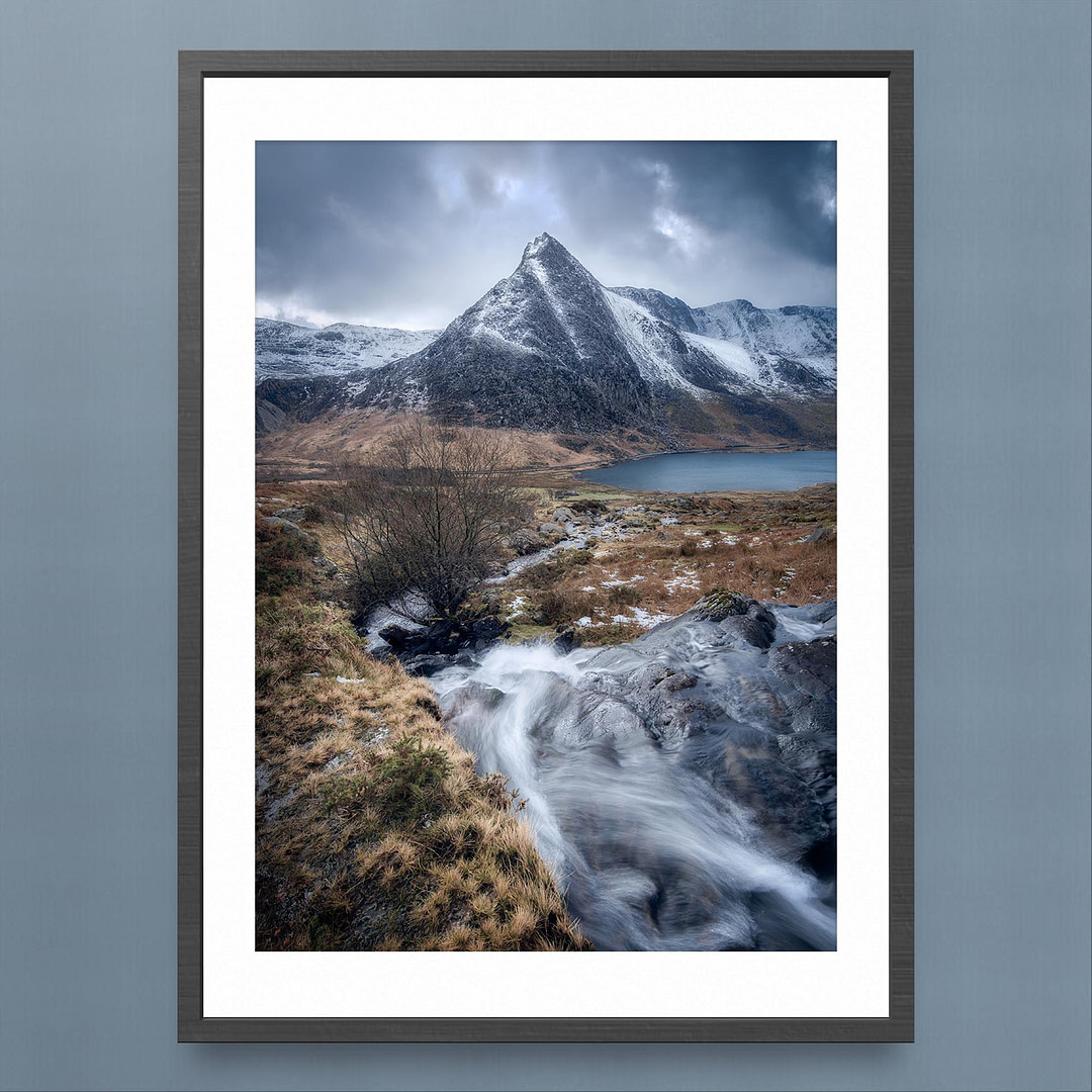 Snowdonia-Eryri Tryfan Photography Print - Moody Valley Scene - Black Frame Mockup