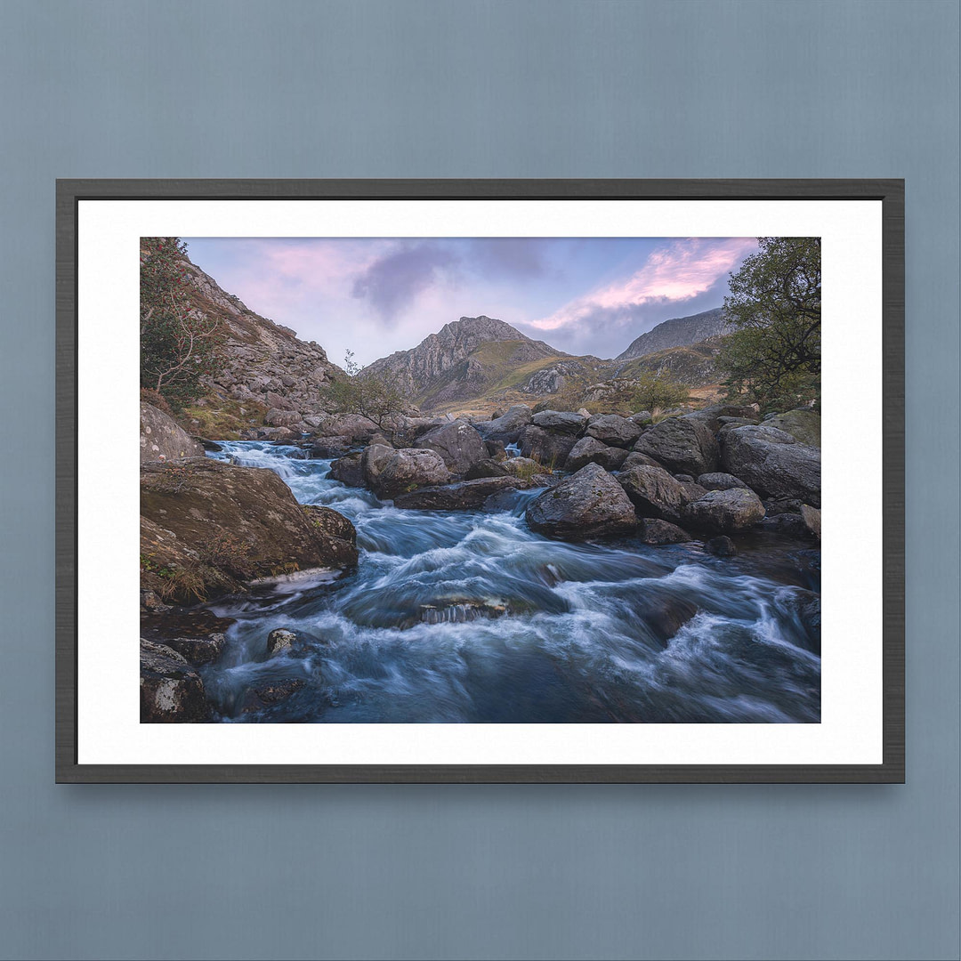 Tryfan and Afon Ogwen - Sunset Majesty - Landscape Photography Print - Black Frame Mockup