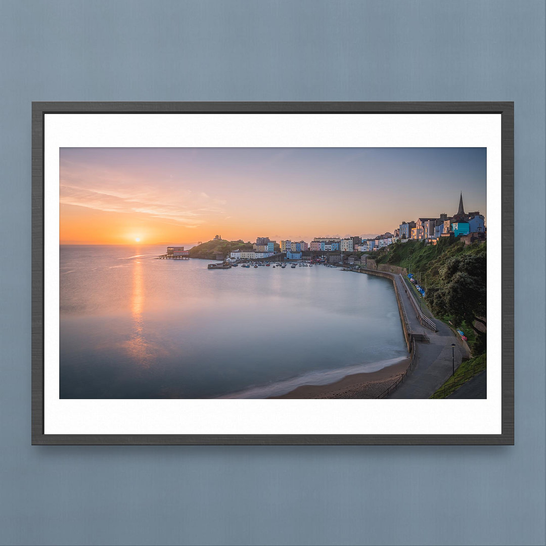 Tenby Harbour Sunrise Photography Print - Iconic Buildings and Calm Seas