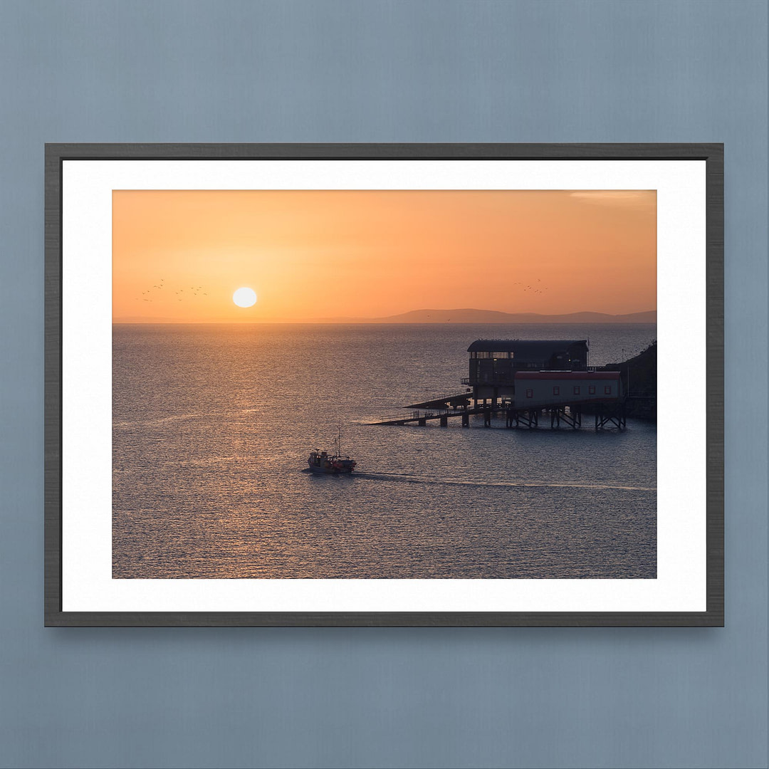 Tenby Harbour Sunrise - Fishing Boat - Coastal Print - Black Frame Mockup