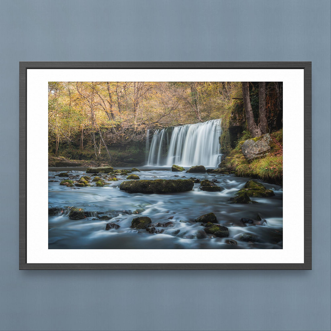 Sgwd Ddwli Uchaf Waterfall - Autumnal Serenity - Landscape Photography Print - Black Frame Mockup