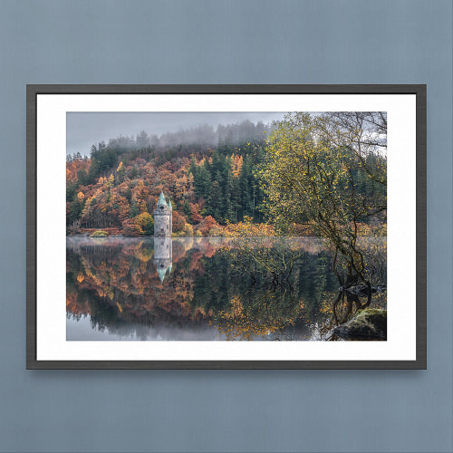 Autumn Tranquility at Lake Vyrnwy - Reflections Photography Print - Black Frame Mockup