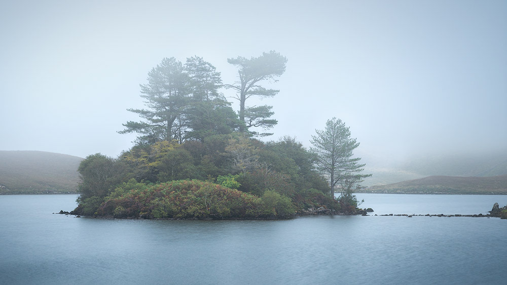 Creggenan Lakes Island surrounded by fog
